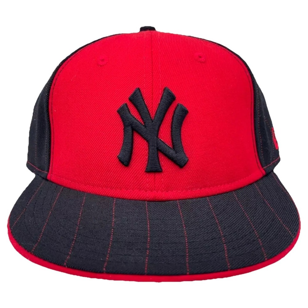 New York Yankees Hat Cap Fitted 7 3/8 Red Black Pinstripe Flat Bill Wool 59Fifty